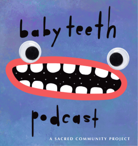 logo for the baby teeth podcast. Two googly eyes sit above a gaping mouth that reveals the universe within