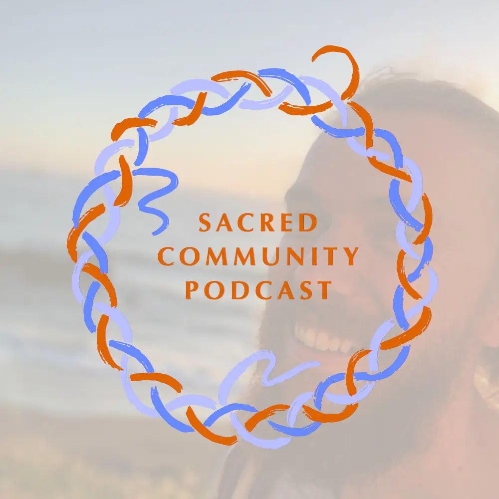 Sacred Community Project logo with background image of Sitaram Dass's face